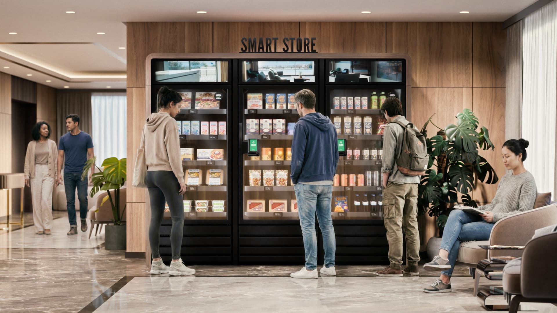 Residents shopping an AI-powered micro market in an apartment community lobby