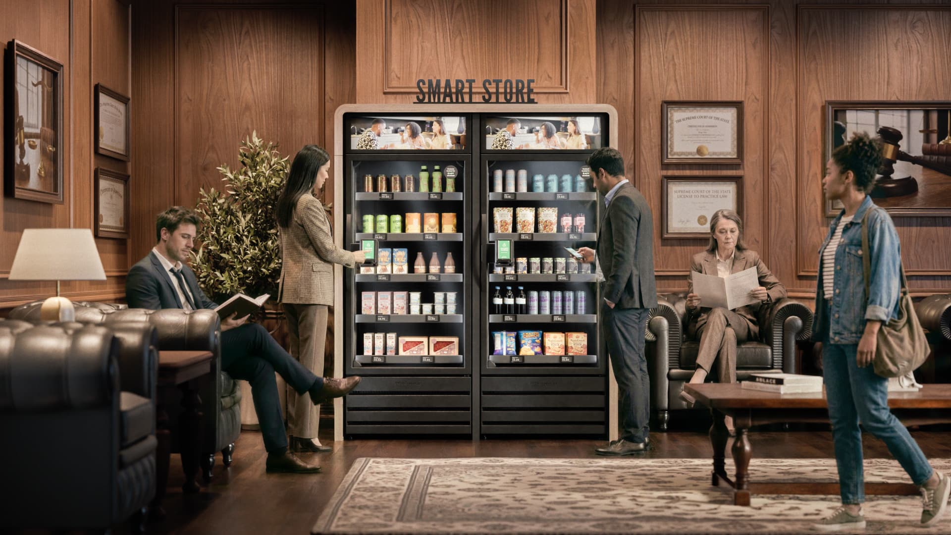 Staff using a cashless AI micro market inside a government office building