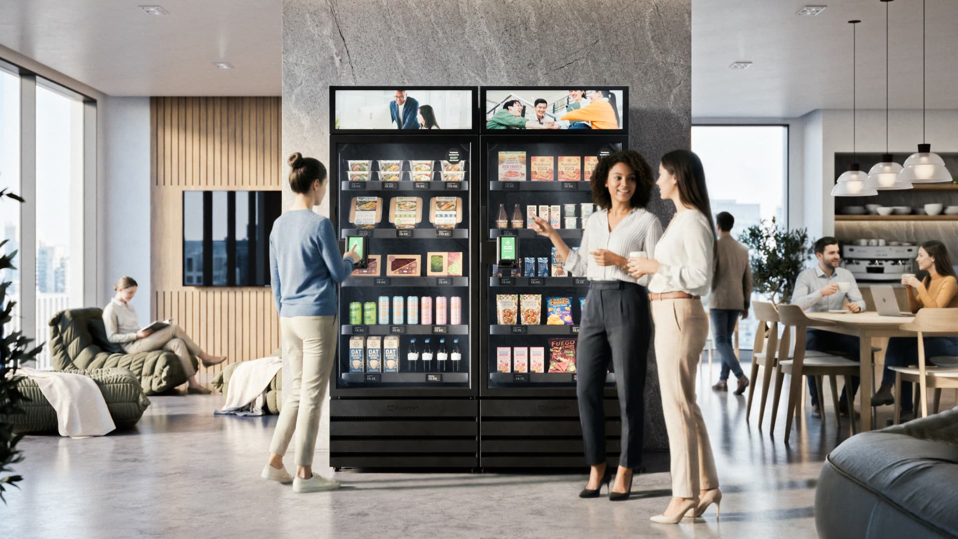 Employees using an AI-powered micro market in an office break room