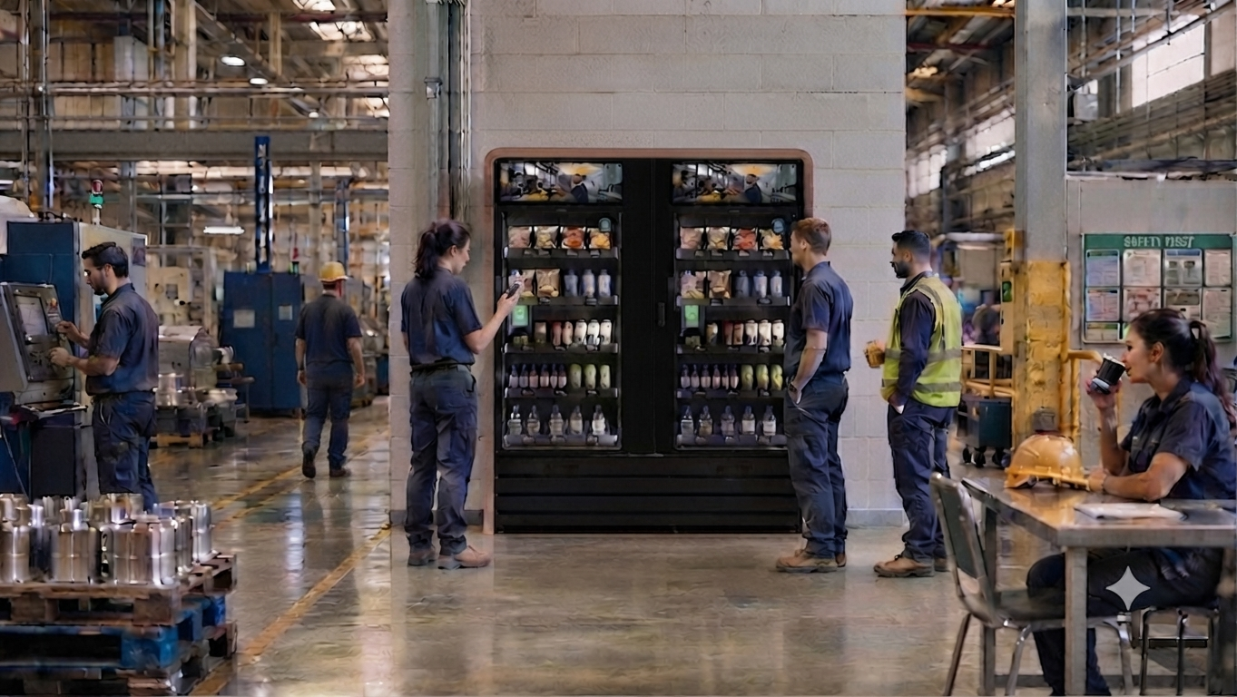 Factory workers using an AI-powered cashless micro market on a manufacturing plant floor