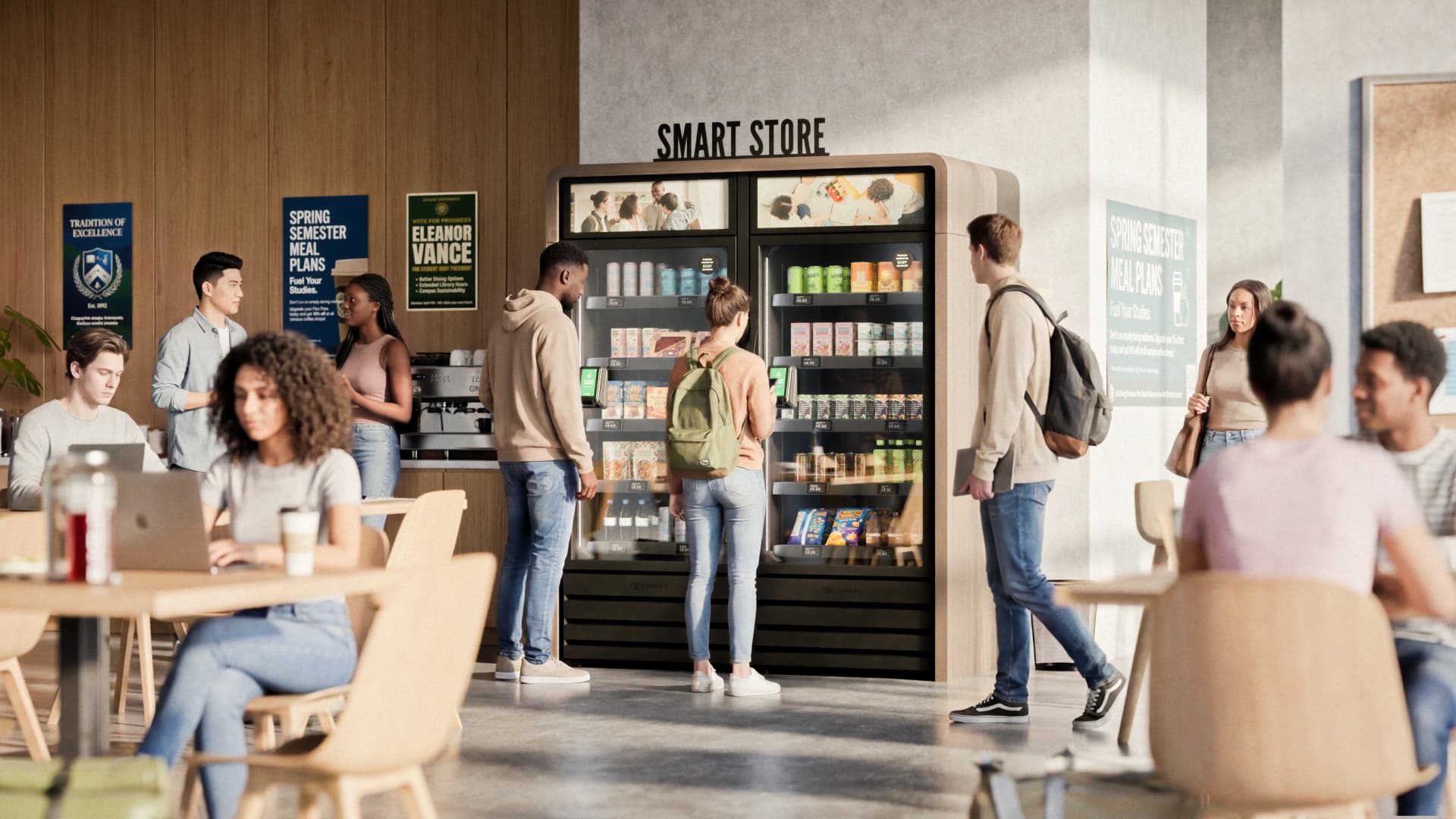 Students using an AI-powered cashless micro market in a university campus lounge
