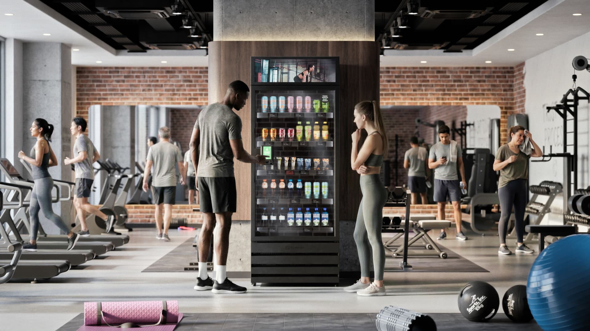 Members using an AI-powered cashless micro market inside a modern gym