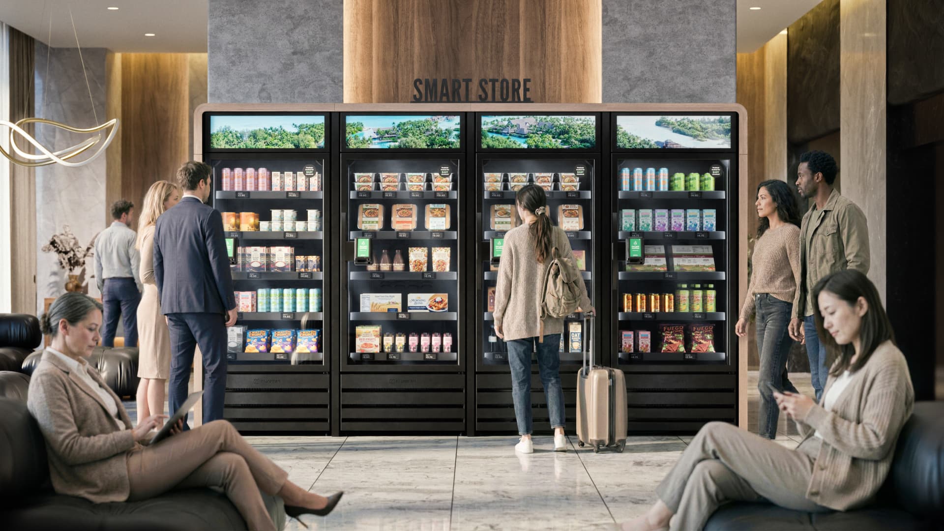 Hotel guests shopping an AI-powered cashless micro market in the lobby